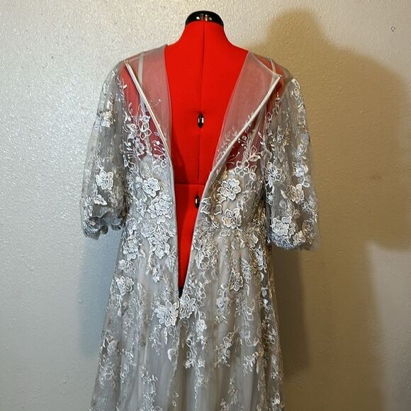 NEW Mac Duggal women’s embroidered illusion high neck puff sleeve dress size 16 - Picture 10 of 14